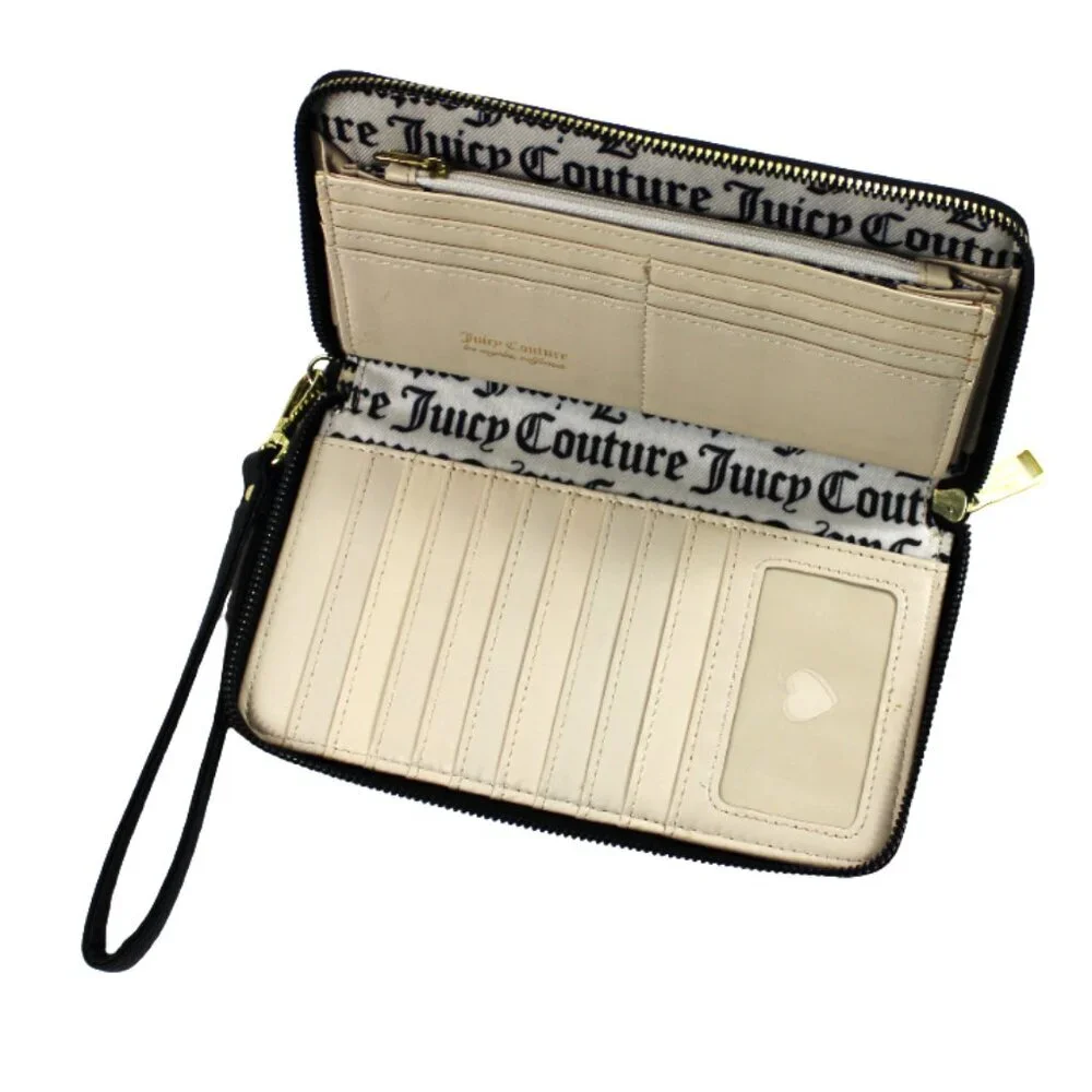 Juicy Couture Signature Monogram Zip-Around Wristlet Wallet Black & Gold Logo